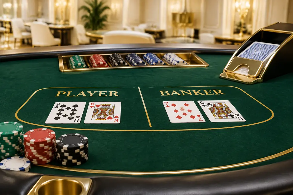 Kartu dan cip pada meja baccarat berwarna krem dan hijau gelap