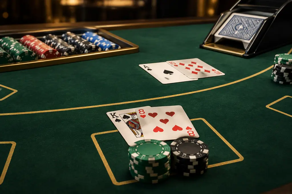 Kartu terbuka, sepatu kartu, dan tumpukan cip di meja blackjack