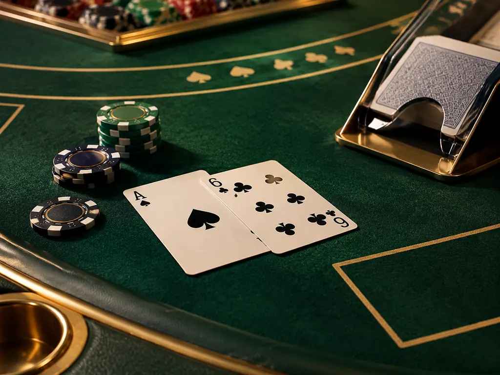Kartu dan cip di dekat sepatu kartu pada meja blackjack