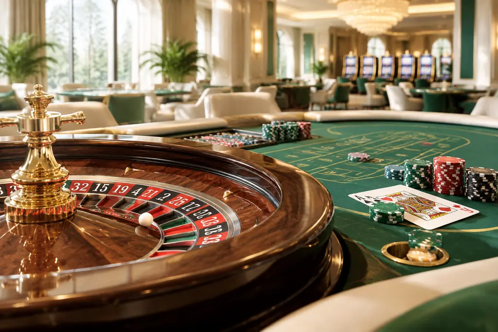 Meja roulette dan kartu di aula kasino bernuansa terang