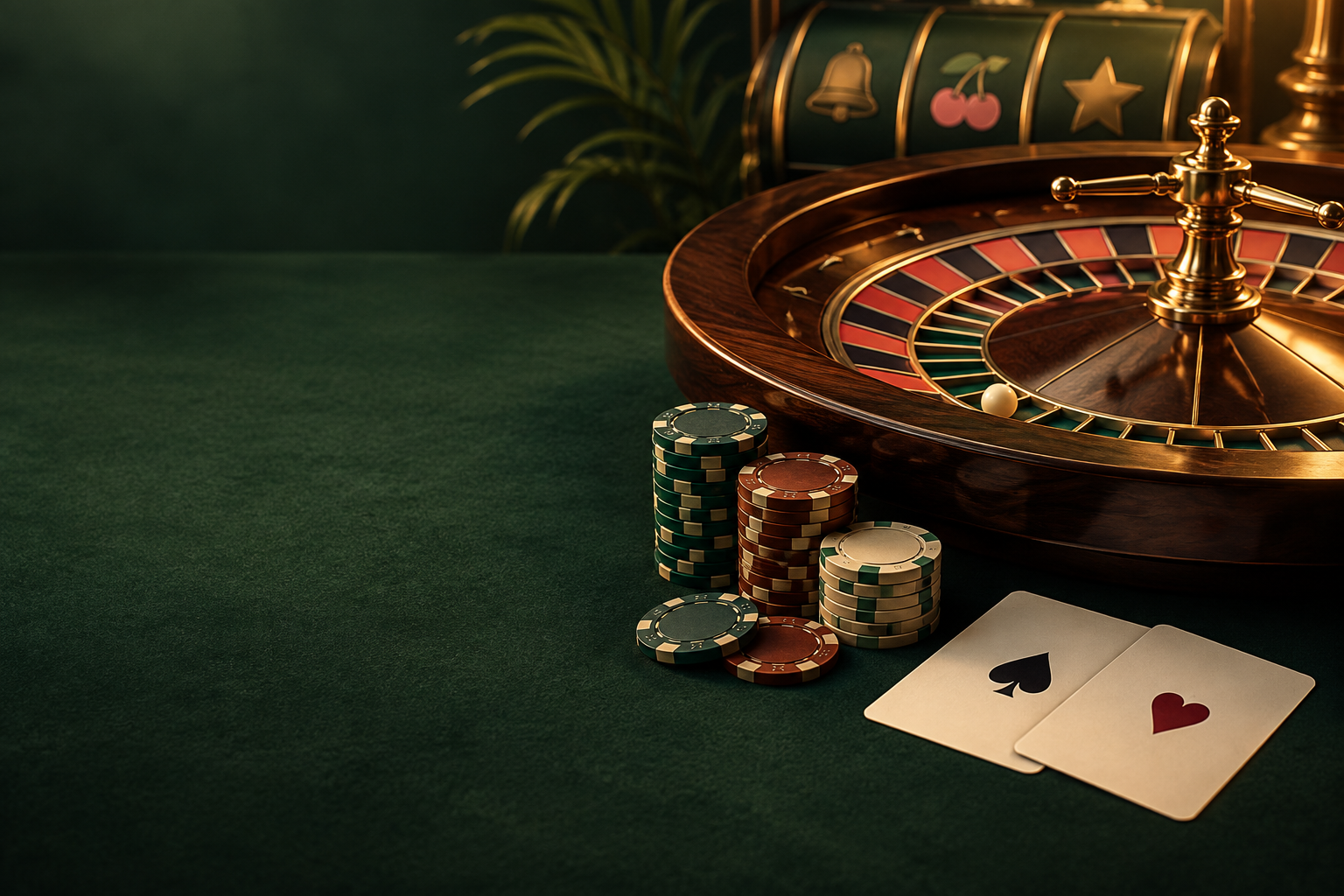 Meja roulette, cip dan kartu dalam pencahayaan tembaga