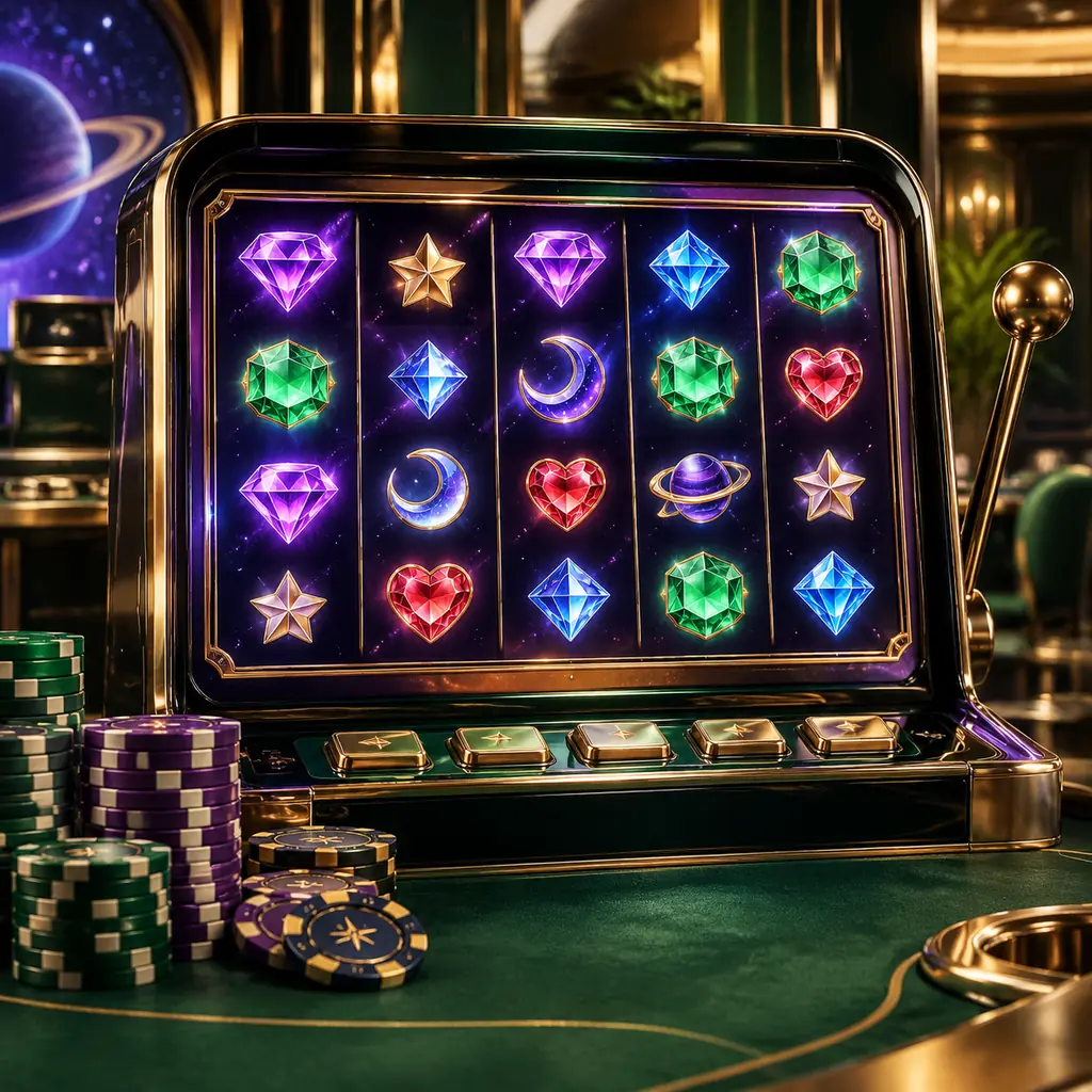 Layar mesin slot bermotif permata dan ruang angkasa