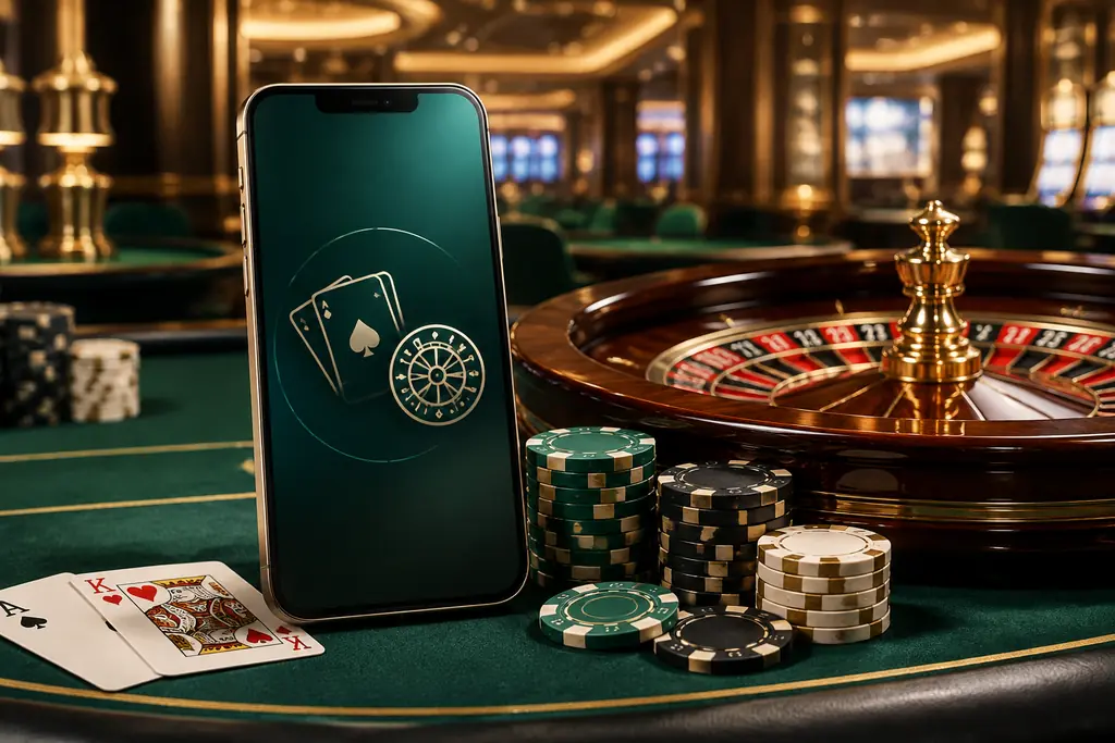 Ponsel dengan ikon kartu di dekat roda roulette dan cip