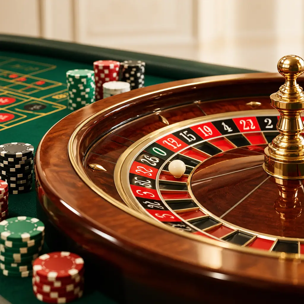 Roda roulette kayu dan bola gading di dekat kain meja hijau