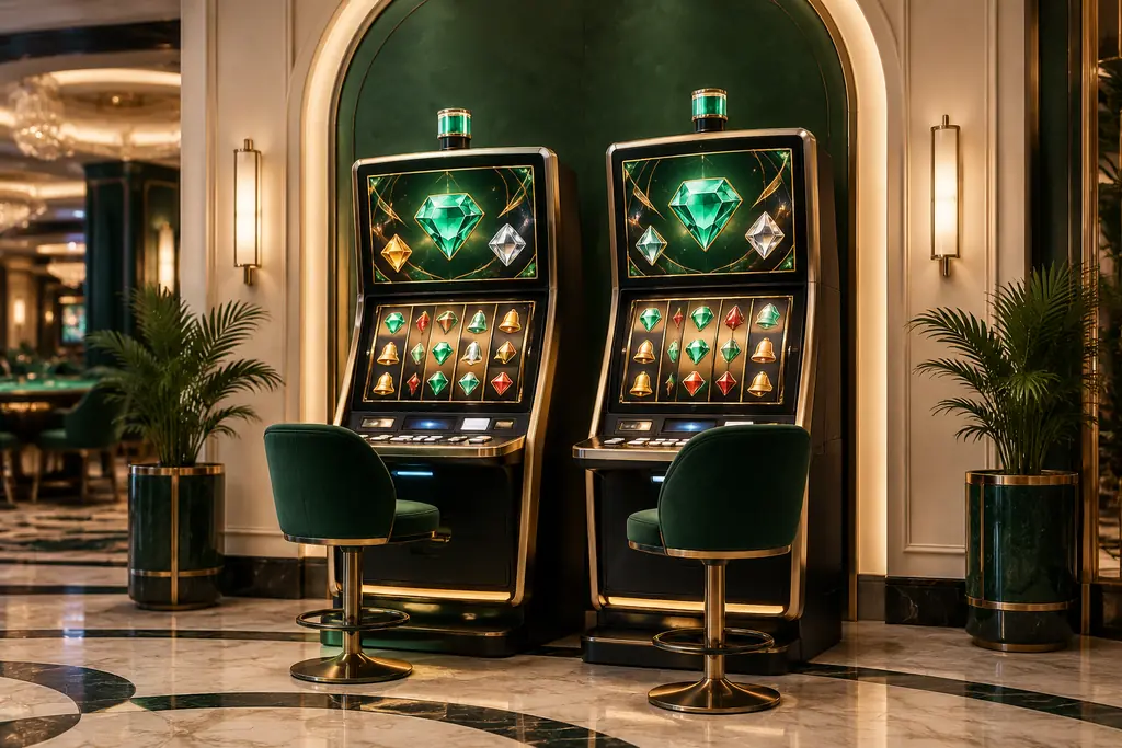 Dua mesin slot dengan motif permata di sudut kasino