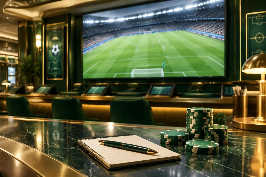 Tampilan lapangan sepak bola di belakang meja sportsbook dan cip kasino