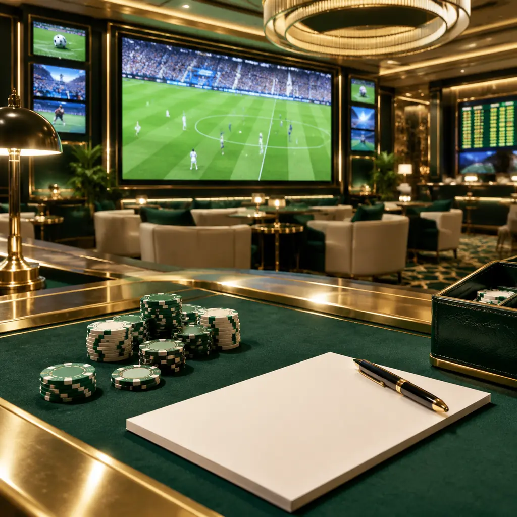 Layar pertandingan sepak bola di ruang sportsbook bertema kasino